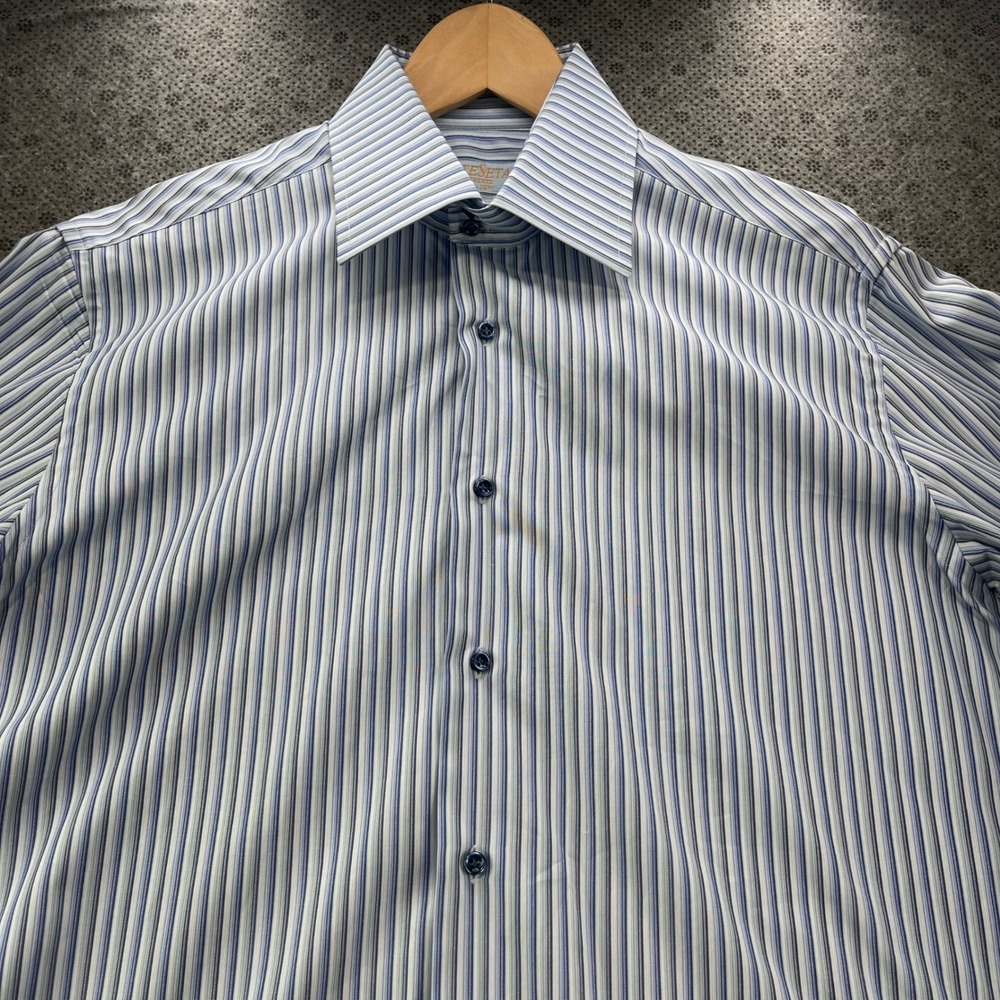 Vintage Lot 2 Ateseta Firenze Mens Dress Shirts 16.5 42 Blue Striped Solid Italy - Picture 8 of 16